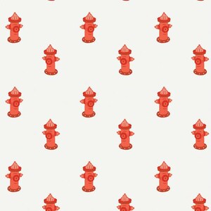 以下が含まれることがあります： 白い背景に赤い消火栓が並んだシームレスパターン。消火栓はすべて同じ大きさで同じ形をしており、繰り返しパターンで配置されています。
