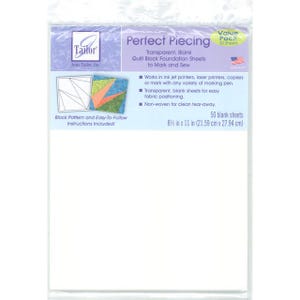 May include: A package of June Tailor Perfect Piecing transparent, blank quilt block foundation sheets. The packaging includes 50 sheets measuring 8.5 inches by 11 inches, designed for use in ink jet printers, laser printers, copiers, or for marking.