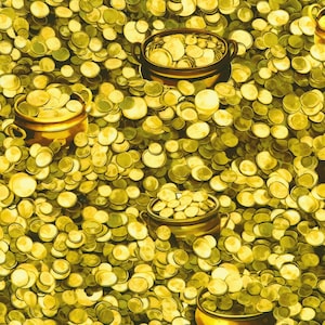 May include: A repeating pattern of gold coins and gold pots overflowing with coins. The coins are circular and vary in size, creating a textured appearance. The pots have dark brown rims and handles. The overall theme suggests wealth and prosperity.