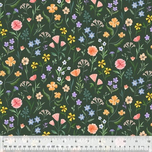 May include: A seamless pattern featuring a variety of colourful flowers on a dark green background. The flowers include pink, orange, yellow, blue, and white blooms. The pattern is perfect for fabric, wallpaper, or other decorative projects.