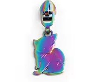 Op de afbeelding: Een regenboogkleurige metalen ritshanger met een cartoonkat die zit met zijn hoofd naar de zijkant gedraaid.
