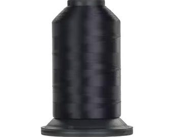 May include: A spool of black thread on a white background.