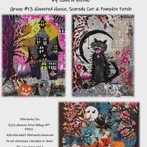 Könnte beinhalten: Ein Collage-Musterset von Laura Heine mit drei Halloween-Motiven. Die Designs umfassen ein Spukhaus, eine verängstigte Katze und einen Kürbisgarten, mit den Texten "Spooky Tricks" und "eek!" versehen.