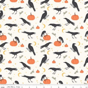 May include: A seamless pattern featuring black crows, orange pumpkins, and gold stars and crescent moons on a white background.