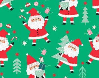 Puede incluir: Un patrón repetido de figuras de Papá Noel con trajes y sombreros rojos sobre un fondo verde. Los Papá Noel sostienen regalos y bastones de caramelo, con estrellas y árboles de Navidad dispersos.