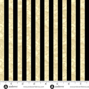 May include: Black and beige striped fabric with a subtle marbled pattern in the beige stripes. The fabric is measured in inches.