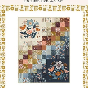 May include: A quilt pattern featuring a color tumble quilt design with a floral motif. The quilt is 44 inches by 56 inches. The pattern is called "Folk & Lore" and is by Fancy That Design House.