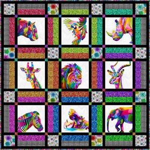 May include: A colorful quilt block with a grid pattern featuring nine different animal illustrations. The animals include a lion, giraffe, zebra, rhino, elephant, hippopotamus, parrot, antelope, and tiger. Each animal is depicted in a vibrant, geometric style.