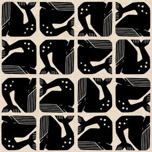 May include: A repeating pattern of black whales on a cream background. Each whale is stylized with a simple, blocky design, featuring a curved body, tail, and a few white dots. The pattern is evenly spaced.