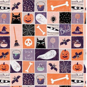 May include: A colorful Halloween themed pattern with various images including bats, ghosts, pumpkins, candy, witches hats, bones, and a skull. The background is a light pink with purple and orange squares.