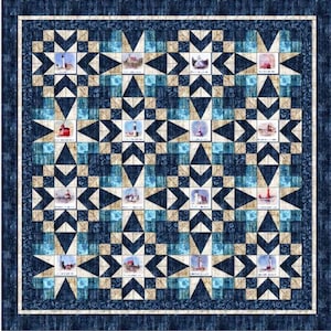 May include: A navy blue and light blue quilt with a nautical theme. The quilt features a repeating pattern of stars, squares, and triangles, with small squares depicting various lighthouses. The border is a darker navy blue with a subtle floral design.
