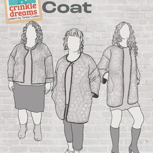 Puede incluir: Ilustración de tres abrigos diferentes sobre un fondo de ladrillos. Se muestra el texto "the Elemental Coat". Una etiqueta dice "crinkle dreams pattern by Teresa Coates". El texto inferior dice "A beginner-friendly modular coat pattern".