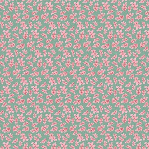 Puede incluir: Un patrón sin costuras con un diseño repetitivo de hojas de roble rosas sobre un fondo azul claro.