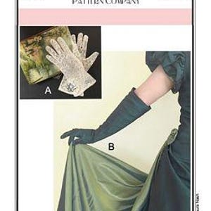 May include: A pattern for ladies' gloves from Sew Chic Pattern Company. The image shows two styles: a short, lacy glove and a long, opera-length glove. The pattern includes sizes small to large. The image also includes a close-up of the gloves.