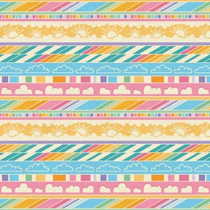 May include: A seamless pattern featuring colorful stripes, clouds, and suns. The background is a light beige color. The stripes are in various colors, including pink, orange, yellow, green, blue, and purple. The clouds are white and the suns are yellow with orange rays.