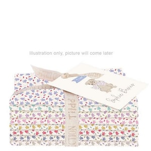May include: A stack of 10 fabric squares with a floral print in shades of pink, blue, and yellow. The fabric is white with a subtle texture. The squares are tied together with a brown ribbon. A card with a dog illustration and the text "Simply Berries" is attached to the ribbon.