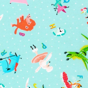 May include: A blue background with white stars features a variety of colorful animals and letters. The animals include a pink bird, a red monster, a white poodle, a blue creature, a green lizard, and a fox. The letters include "H", "P", "R", "F", and "S".