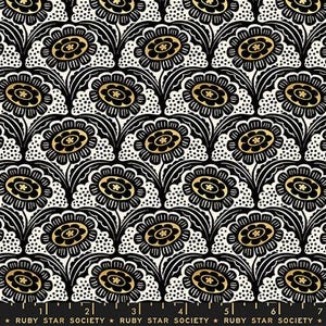 May include: A fabric print featuring a repeating pattern of black and gold flowers with white dotted semicircular backgrounds. The bottom edge includes a black ruler with white markings and the text Ruby Star Society repeated seven times.