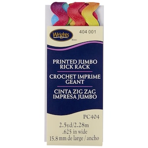 May include: A package of colorful printed jumbo rickrack trim. The trim is 2.5 yards long and 0.625 inches wide. The package is labeled "Printed Jumbo Rickrack" and "Crochet Imprime Geant".