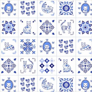 May include: A repeating fabric pattern featuring a grid of square tiles in blue and white. The design includes illustrations of cats in various poses, floral motifs, geometric star-like patterns, and small bows, all rendered in a classic blue ink style.