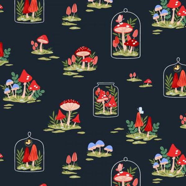 EM201-NA3 Garden & Globe - Mushroom Garden - Navy Fabric