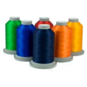 May include: Six spools of embroidery thread in various colors, including green, blue, navy, orange, and yellow. The spools are arranged in a row on a white surface.