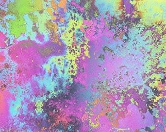 May include: Abstract artwork with a vibrant mix of colours. The design features splashes and splatters of neon green, bright pink, purple, and blue hues, creating a dynamic and energetic visual effect. The artwork has a textured appearance.