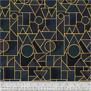 May include: Geometric pattern fabric featuring dark teal and navy blue shapes with gold outlines. The design includes squares, triangles, and circles, creating an abstract, art deco style. The fabric is measured in inches.