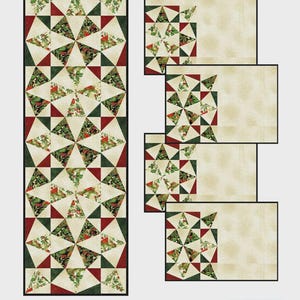 May include: A quilt pattern featuring a table runner and four placemats. The design includes geometric shapes in red, green, and cream colors. The table runner measures 18.5 inches by 54.5 inches, and the placemats are 13.75 inches by 19.25 inches.