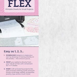 May include: A package of 20 non-woven sheets, 8 1/2 inches by 11 inches, for crafting and sewing projects. The package is pink and white with the words "Pattern Flex" and "Printable Sheets for Small Projects".
