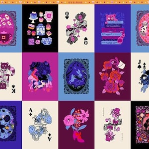 May include: A vibrant playing card design with Alice in Wonderland illustrations. Each card showcases unique artwork, including a teapot, cakes, a cat, and flowers. The background is a grid of various colours, creating a visually appealing layout.