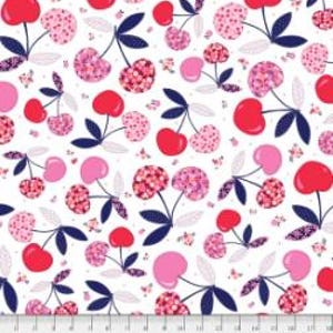 May include: White fabric with a repeating pattern of red cherries with pink and white floral details and navy blue leaves.  There are also small pink butterflies scattered throughout the pattern.