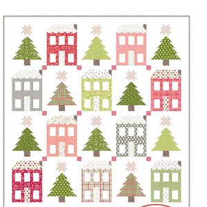 May include: A PDF pattern for a quilt titled "Little Town" featuring a grid of houses and trees in red, pink, green, and gray. The pattern is labeled "Fat Eighth Friendly" and "Light Quilt Version".