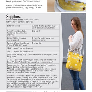 May include: A sewing pattern for a yellow and white polka dot tote bag with a zipper closure and handles. The pattern is called "Redwood Tote" and includes instructions for making the bag. The pattern is by Noodlehead, Inc. and is available for purchase on their website.