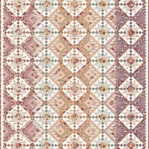 Könnte beinhalten: Ein Patchwork-Quilt mit einem sich wiederholenden Rautenmuster. Der Quilt zeigt Quadrate aus floralen, karierten und unifarbenen Stoffen in Rosa-, Creme- und Brauntönen. Der Quilt hat einen dekorativen Rand.