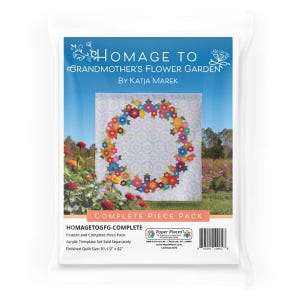 May include: A complete piece pack for a quilt project. The package features a floral design with the text "HOMAGE TO GRANDMOTHER'S FLOWER GARDEN BY KATJA MAREK". The finished quilt size is 207 x 208 cm.