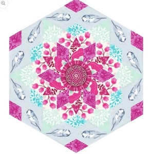 May include: A hexagonal quilt block with a central floral design in shades of pink and white. The design features a large flower with smaller flowers and leaves surrounding it. The outer edges of the block are decorated with feathers in a light gray color.