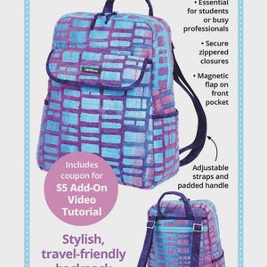 May include: A stylish, travel-friendly backpack with a blue and purple geometric pattern. Features include secure zippered closures, a magnetic front pocket, adjustable straps, and a padded handle. The text "Got Your Back 2.1" is at the top.