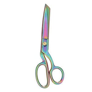 May include: A pair of iridescent rainbow-colored fabric shears with gold accents. The shears have a long blade and a curved handle.