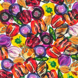 May include: A seamless pattern featuring a variety of colorful vegetables, including red and green peppers, onions, and mushrooms. The vegetables are arranged in a repeating pattern on a white background.