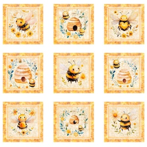 May include: A fabric panel featuring nine square illustrations of bees, beehives, and flowers. Each square has a yellow border and a watercolor style design. The bees are yellow and black, and the beehives are brown. The flowers are yellow and white.