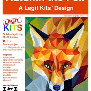 Op de afbeelding: Een geometrisch quiltpatroon van een vossenkop in tinten oranje, rood, geel en zwart. De quilt is getiteld "Autumn the Fox" en is een ontwerp van "Legit Kits". De tekst "Quilted by @greta_evans4119" staat bovenaan de afbeelding.