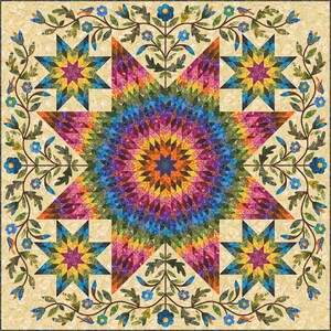May include: A colourful quilt featuring a large, multi-coloured star in the centre. The star is surrounded by four smaller stars in the corners. The background is a light beige with a floral pattern.