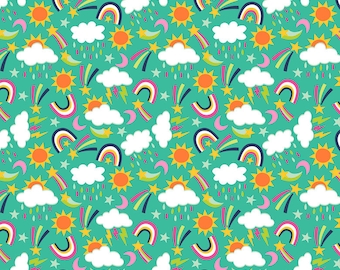 May include: A teal fabric with a repeating pattern of rainbows, clouds, stars, suns, and shooting stars. The pattern is in shades of pink, yellow, orange, white, and blue.