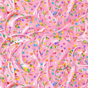 May include: Pink frosting with colorful sprinkles, including stars, hearts, and small round sprinkles.