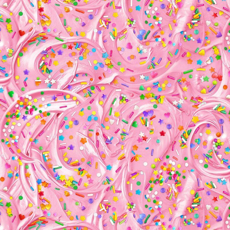 May include: Pink frosting with colorful sprinkles, including stars, hearts, and small round sprinkles.