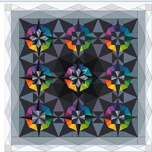 May include: A geometric pattern with a black background and colorful, star-shaped designs. The design is made up of triangles and circles in shades of purple, blue, green, yellow, and orange.