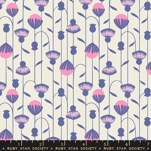 May include: A seamless fabric pattern featuring a repeating design of stylized pink and purple flowers with blue stems on a cream background.