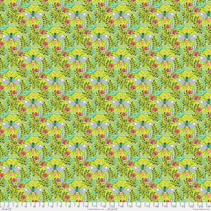 May include: A repeating pattern of green leaves, pink flowers, and blue and yellow bees. The background is a bright yellow.