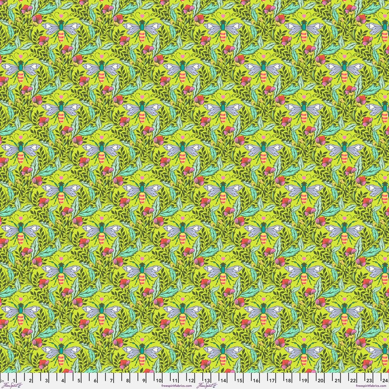 May include: A repeating pattern of green leaves, pink flowers, and blue and yellow bees. The background is a bright yellow.